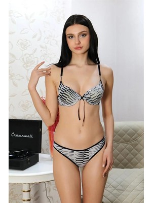 Veralya Moda Kadın Destekli Desenli Taş Detaylı Sütyen Takım Gri