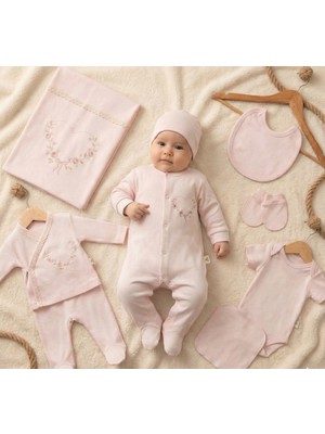 Zeynuko Kız Bebek Kalp Nakışlı %100 Pamuk 10'lu Yenidoğan Hastane Çıkışı Zıbın Seti