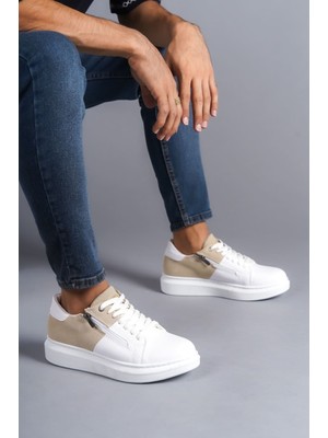 Zapatos SLW155 Warrior Bağcıklı ve Fermuarlı Cilt Süet Erkek Günlük Sneaker Ayakkabı Csbt - Beyaz/krem