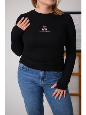Crep Eldiven Detaylı Ayıcıklı Siyah Bluz
