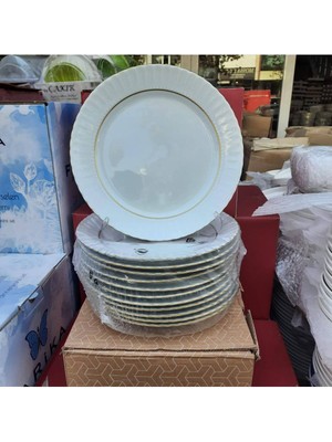 UltraMint 12'li 25 cm Altın Yaldızlı Porselen Düz Tatlı ve Pasta Tabakları