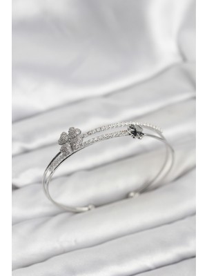 TrentCo Pirinç Gümüş Renk Yonca Model Kadın Bileklik - Lisinya