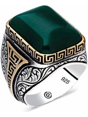 Bazarhane ​gümüş Yeşil Akik Taşlı Köşeli Erkek Yüzük