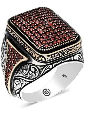 Bazarhane Gümüş Kırmızı Zirkon Taşlı Kare Erkek Yüzük