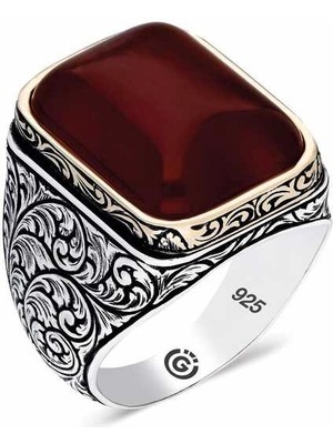 Bazarhane ​gümüş Zirkon Koyu Bordo  Taşlı Kare Erkek Yüzük