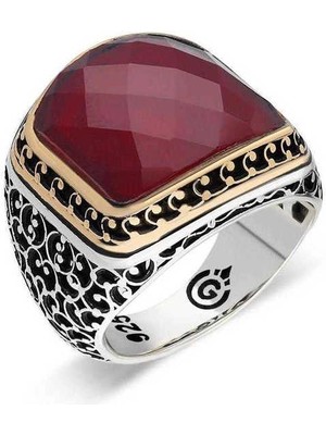 Bazarhane Gümüş Yakut Renk Kırmızı Taşlı Erkek Yüzük