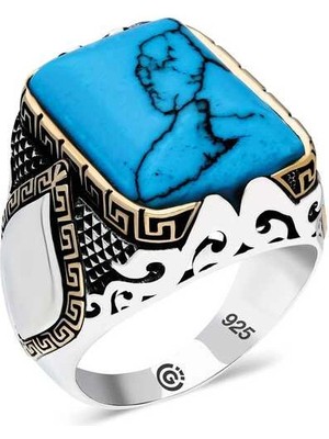 Bazarhane ​gümüş Turkuaz Taşlı Köşeli Erkek Yüzük