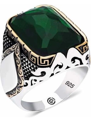 Bazarhane Gümüş Zirkon Yeşil Taşlı Kare Erkek Yüzük