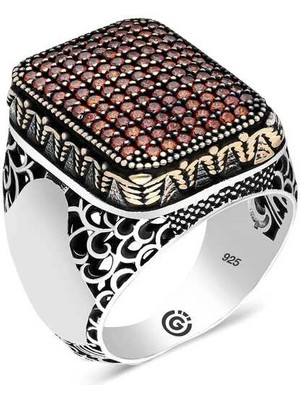 Bazarhane Gümüş Kırmızı Zirkon Taşlı Kare Erkek Yüzük