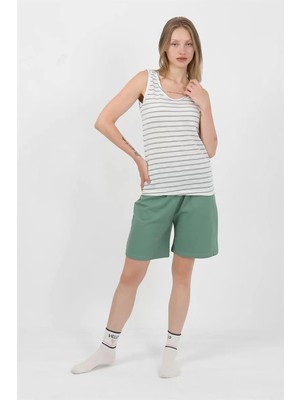 Veralya Moda Kadın Kalın Askılı Pamuk Penye Şortlu Takım Yeşil
