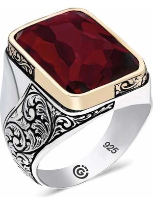 Bazarhane ​gümüş Bordo Taşlı Köşeli Erkek Yüzük