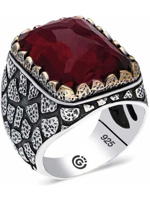 Bazarhane ​gümüş Zirkon Bordo Taşlı Kare Erkek Yüzük