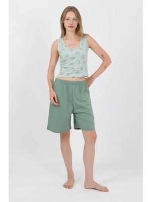 Veralya Moda Kadın Kalın Askılı Pamuk Penye Şortlu Crop Takım Suyeşili