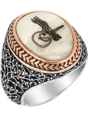 Bazarhane Gümüş Sedef Üzeri Tuğralı Erkek Yüzük