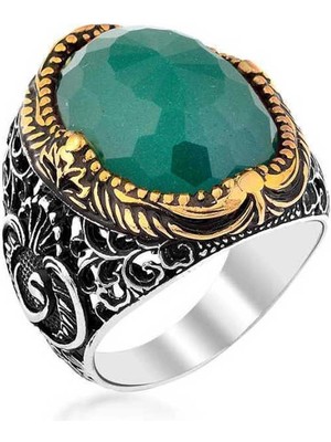 Bazarhane Gümüş Yeşil Zirkon Taşlı Erkek Yüzük