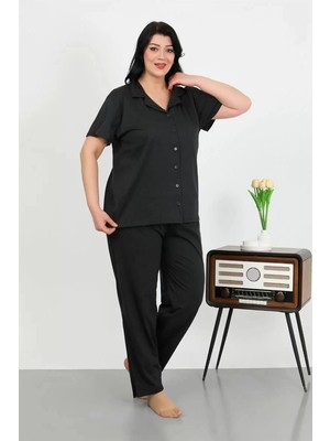 Veralya Moda Kadın Büyük Beden Pamuklu Cepli Düğmeli Siyah Pijama Takım