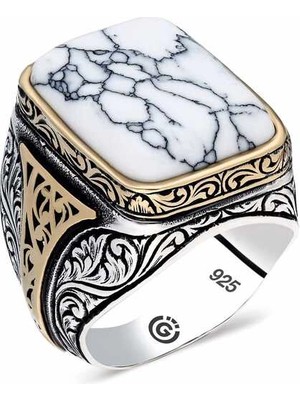 Bazarhane ​gümüş Beyaz Çizgili Havlit Taşlı Kare Erkek Yüzük