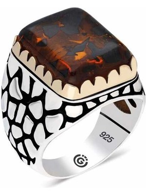 Bazarhane ​gümüş Zirkon Kahverengi Taşlı Kare Erkek Yüzük