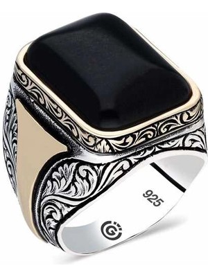 Bazarhane ​gümüş Desenli Siyah Taşlı Köşeli Erkek Yüzük