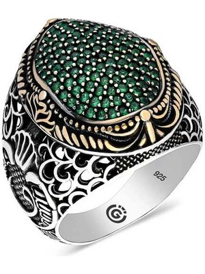 Bazarhane Gümüş Yeşil Zirkon Taşlı Oval Erkek Yüzük