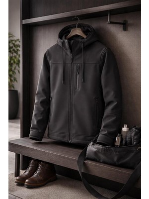 Vatan Tekstil Erkek Slim Fit Softshell Kapüşonlu Erkek Mont Su Itici Rüzgar Geçirmez