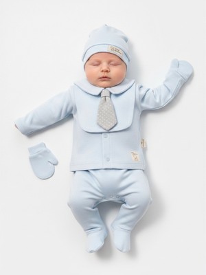 Zeynuko Erkek Bebek Kravatlı 5'li Yenidoğan Hastane Çıkışı Zıbın Seti