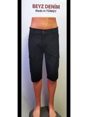 Beyzdenim Armürlü Siyah Power En Boy Likralı Diz Altı Şort Kapri Bermuda