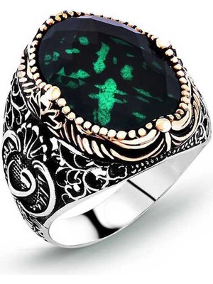 Bazarhane Gümüş Yeşil Zirkon Taşlı Erkek Yüzük