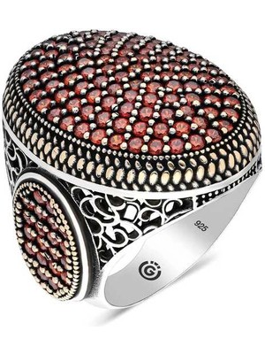 Bazarhane Gümüş Kırmızı Zirkon Taşlı Oval Erkek Yüzük