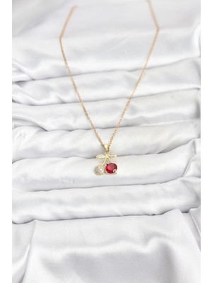 316L Çelik Zincir Gold Renk Kiraz Model Zirkon Taşlı Kadın Kolye - Lisinya