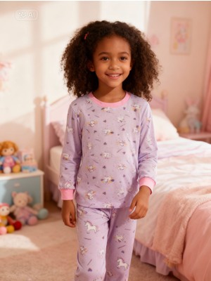 NiCe İç Giyim Pamuklu Mor Renk Unicorn Baskılı Uzun Kol Kız Çocuk Pijama Takım