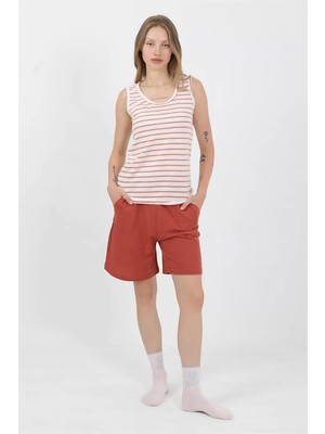 Veralya Moda Kadın Kalın Askılı Pamuk Penye Şortlu Takım Turuncu