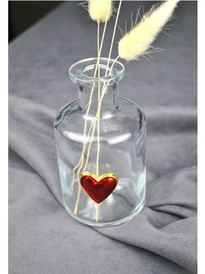 Qualitev 1 Adet Mini Cam Vazo Yaldızlı Kalp Dekorlu 12 cm Dekoratif Obje Kalpli Biblo Sevgililer Günü