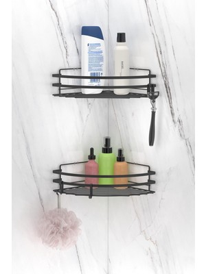 UltraMint Mat Siyah Banyo Köşe Rafı, 2'li Set, Şampuanlık ve Düzenleyici
