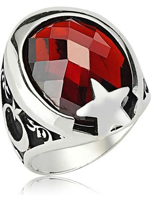 Bazarhane Gümüş Kırmızı Taşlı Ay Yıldız Erkek Yüzük