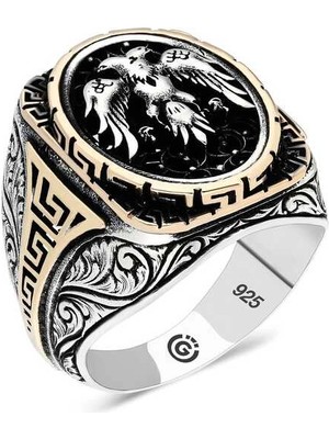 Bazarhane Gümüş Çift Başlı Kartal Oval Erkek Yüzük