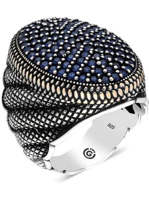 Bazarhane Gümüş Lacivert Zirkon Taşlı Oval Erkek Yüzük