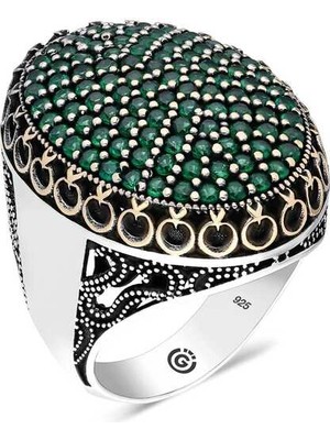 Bazarhane Gümüş Yeşil Zirkon Taşlı Oval Erkek Yüzük