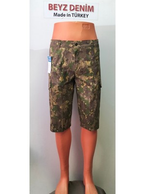 Beyzdenim Kamuflaj Süper Likra Ince Ripsstop Diz Alti Kapri Şort