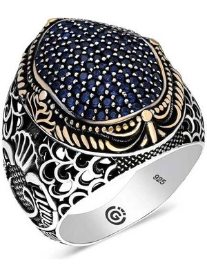Bazarhane Gümüş Lacivert Zirkon Taşlı Oval Erkek Yüzük