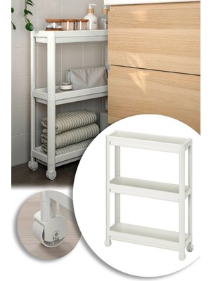 UltraMint Beyaz 3’lü Tekerlekli Dikdörtgen Raf, Banyo ve Mutfak Düzenleyici