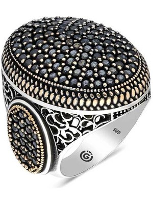Bazarhane Gümüş Siyah Zirkon Taşlı Oval Erkek Yüzük