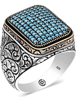 Bazarhane Gümüş Turkuaz Zirkon Taşlı Kare Erkek Yüzük