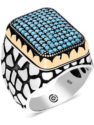 Bazarhane Gümüş Turkuaz Zirkon Taşlı Kare Erkek Yüzük