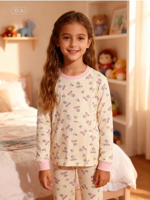 NiCe İç Giyim Pamuklu Uzun Kol Açık Sarı Renk Sevimli Desenli Kız Çocuk Pijama Takım