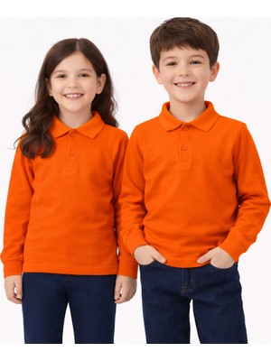 Okul Turuncu Polo Yaka Uzunkol Tişört Kıyafetleri Üniforması Çocuk Genç