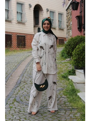 Tuğba Sarı Keten Görünümlü Natural Alt Üst Boncuk Detaylı Takım