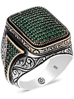 Bazarhane Gümüş Yeşil Zirkon Taşlı Kare Erkek Yüzük