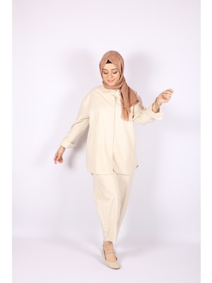 Tuğba Sarı Keten Gizli Patlı Balon Pantolonlu Krem Kadın Takım