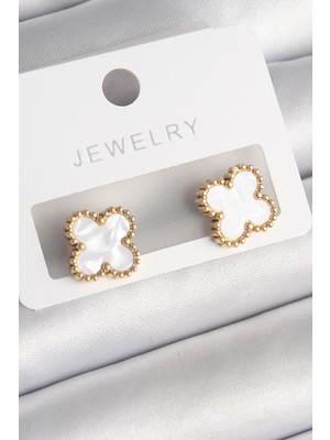 Clariss Ashwork 316L Çelik Gold Renk Beyaz Minelik Yonca Model Kadın Küpe 587455